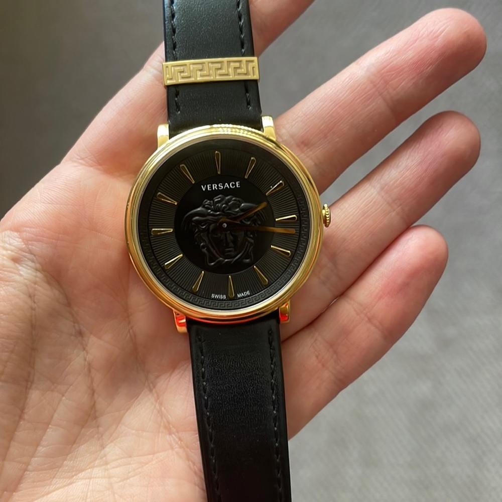 Versace V-Circle Medusa Watch with Leather Strap, Yellow Black